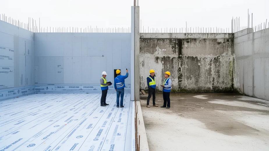 Comparison of high-quality moisture-resistant materials versus low-quality materials on a construction site, highlighting risks and costs.