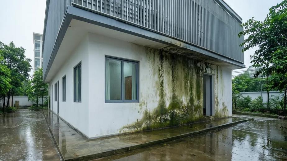Comparison of a well-maintained wall and a damaged wall due to humidity, illustrating the need for quality moisture-resistant materials in Vietnamese construction.