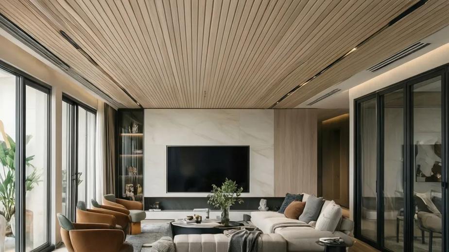 Modern interior with Vinceiling ceiling panels demonstrating elegance and safety features.