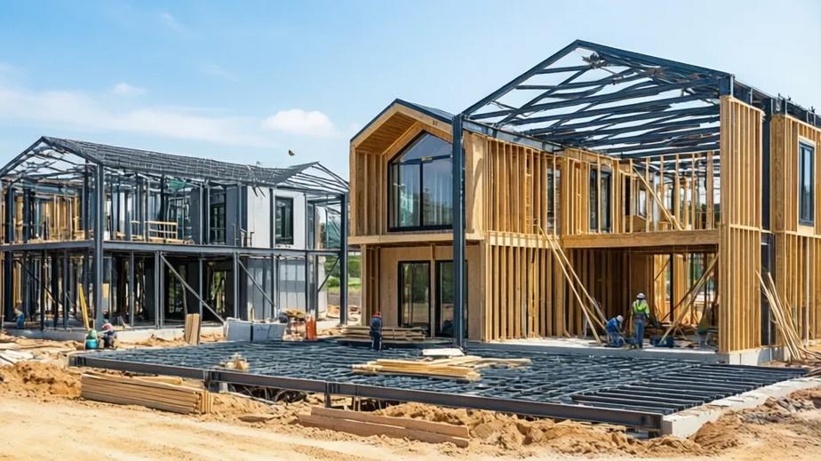 Modern construction site featuring VinTech's innovative building solutions including VinBoxHome, Vinceiling, and VINTRUSS.