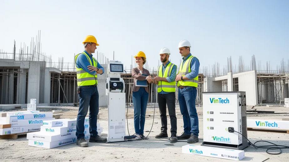 VinTech products being applied in a modern construction site with completed structures, showcasing successful implementation and client satisfaction.