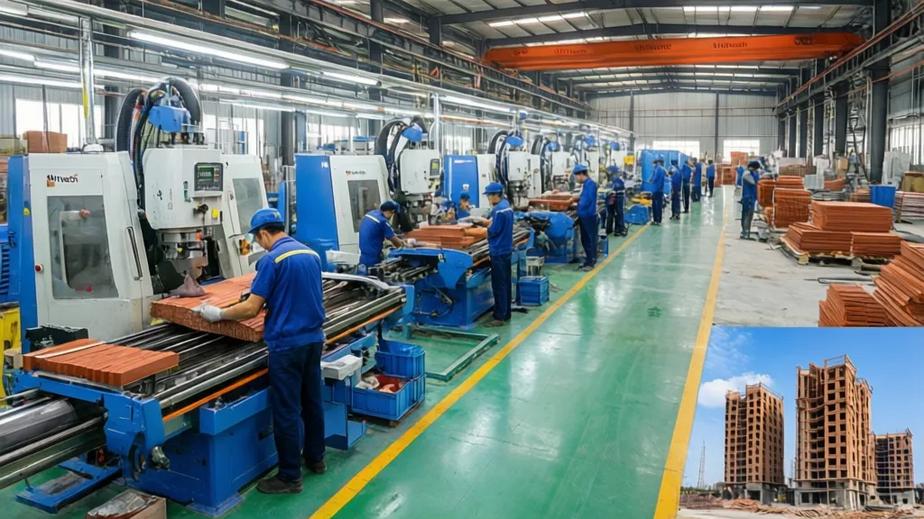 Quy trình sản xuất hiện đại tại xưởng VinTech với công nhân làm việc và các sản phẩm vật liệu xây dựng được chuẩn bị.