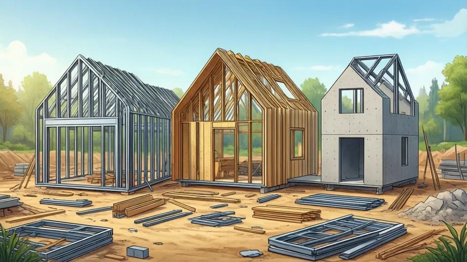 Illustration of modular houses being constructed, with various styles and materials represented, demonstrating modern construction techniques.