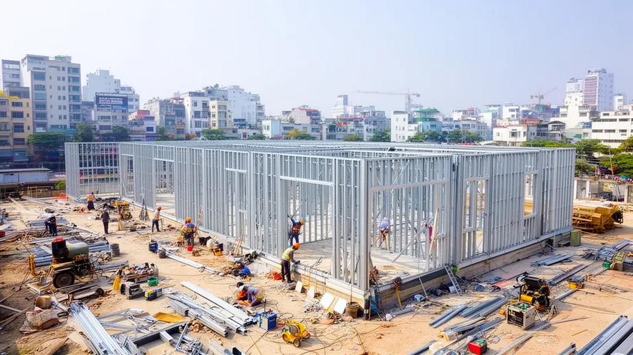 Hình ảnh minh hoạ công trình nhà lắp ghép đang thi công với các khung nhà được lắp ráp, thể hiện xu hướng phát triển hiện nay.