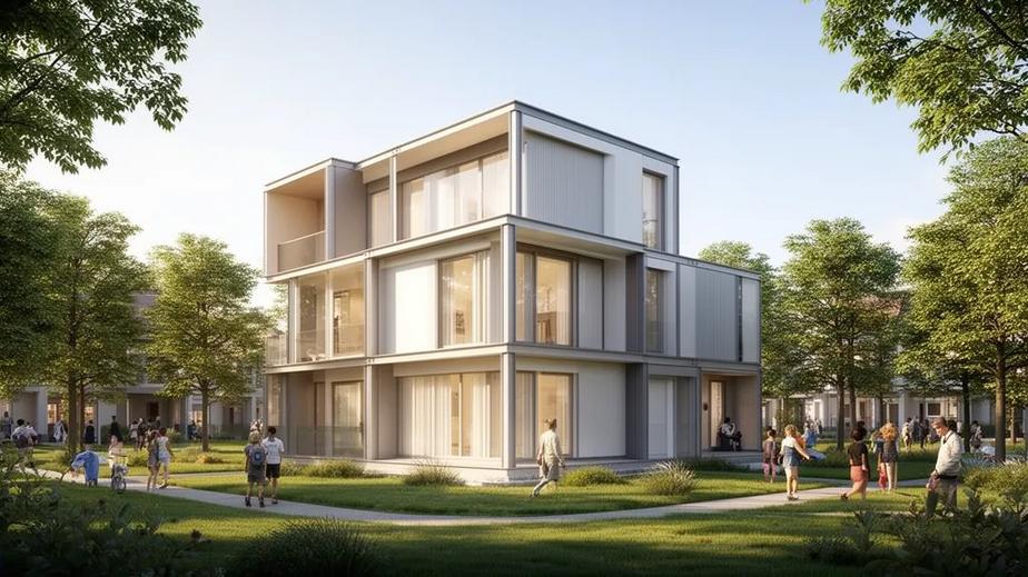 Ngôi nhà lắp ghép hiện đại giữa khu dân cư, thể hiện được tính năng và ưu điểm của nhà lắp ghép.