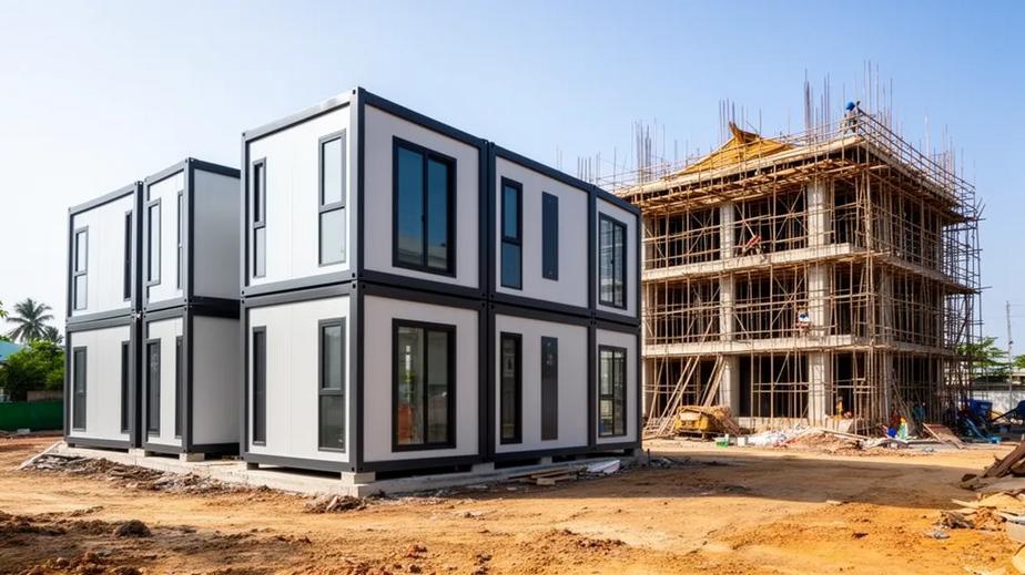 So sánh giữa nhà lắp ghép hiện đại và công trình xây dựng truyền thống, thể hiện tính hiệu quả và nhanh chóng trong việc xây dựng.