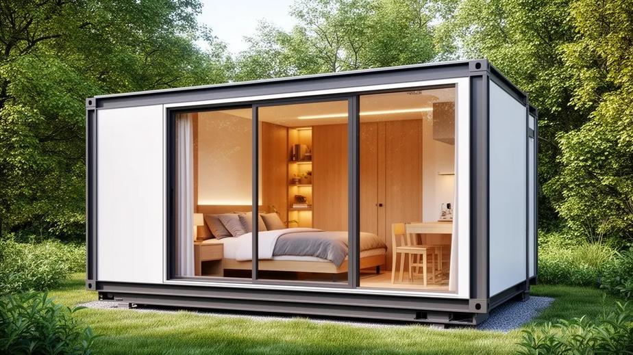 Tổng quan mẫu nhà lắp ghép VinBoxHome 18m2 hiện đại với vách kính lớn thiết kế tinh tế, không gian nội thất ấm cúng và đầy đủ tiện nghi.