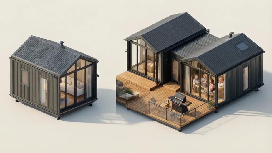 Ảnh 3D minh họa góc tư vấn VinBoxHome 18m² phù hợp với nhu cầu nào, cho thấy sự đối lập giữa mô hình 18m² tối giản và không gian lắp ghép mở rộng cho gia đình lớn.