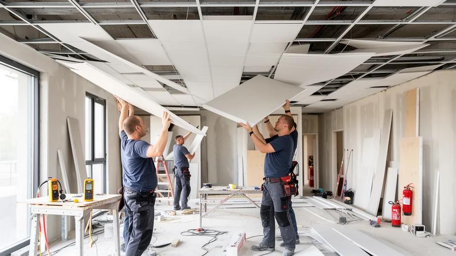 Installation of Vinceiling ceiling panels at a modern construction site, highlighting lightweight construction, fire and moisture resistance.