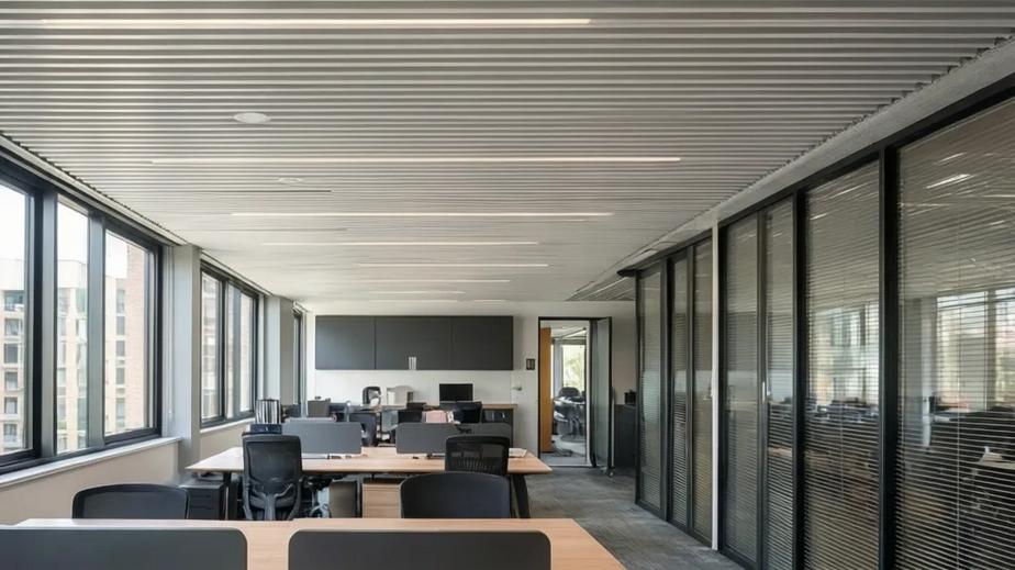 Modern Vinceiling ceiling panels in a bright and clean office environment, illustrating their aesthetic and safety features.