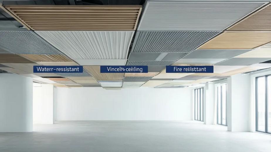 Different types of Vinceiling ceiling panels showcasing fire-resistance and water-resistance features in a modern interior decor.