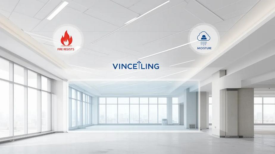 Modern interior showcasing Vinceiling ceiling panels with emphasis on fire resistance and moisture resistance features.