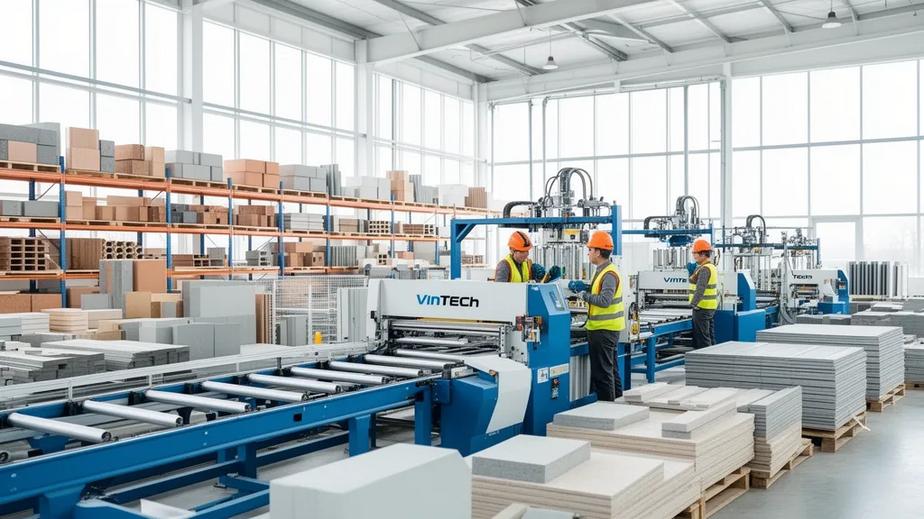 VinTech factory showing modern production of building materials with workers and advanced machinery.