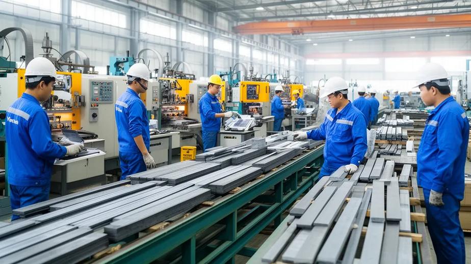 Quy trình sản xuất sắt thép tại nhà máy VinTech với công nghệ hiện đại và đội ngũ kỹ thuật viên làm việc.