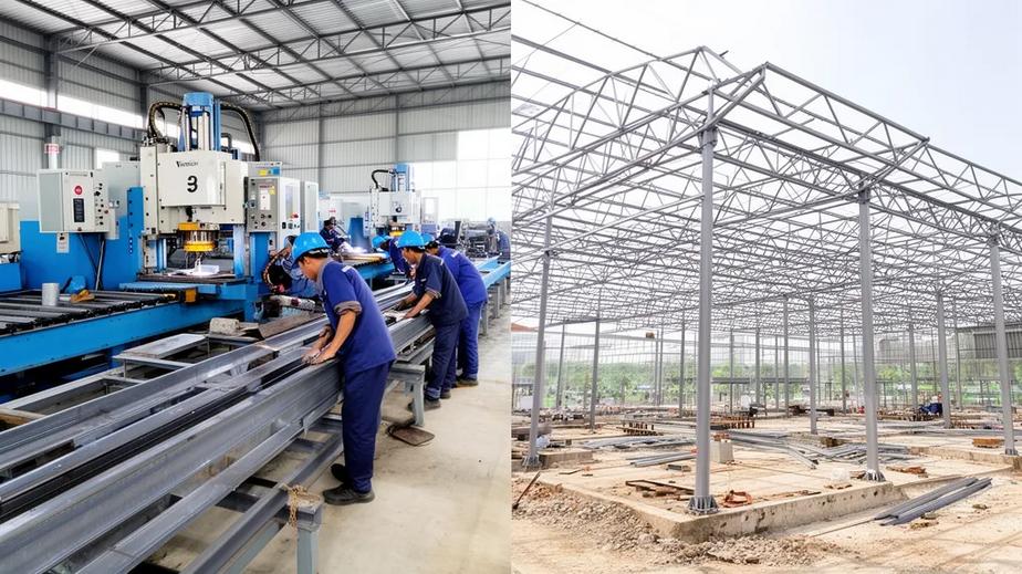 Xưởng sản xuất kết cấu thép VinTech với máy móc hiện đại và công nhân đang làm việc, thể hiện quy trình gia công và lắp dựng chuyên nghiệp.